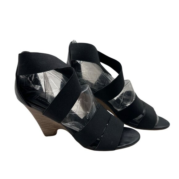 Steven Madden Size 6 Strappy Elastic Open-Toe Leather Back Heels Faux Wood Wedge - Picture 2 of 9